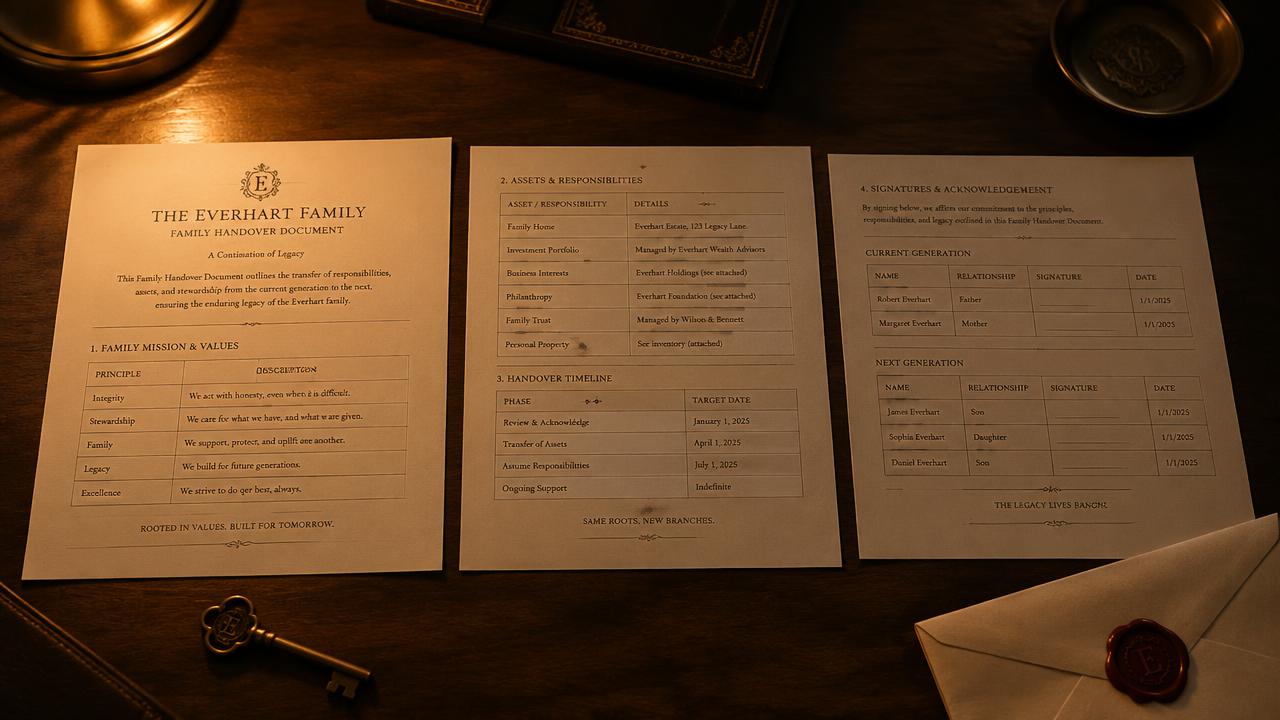 Printed handover pack pages on a desk